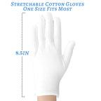 Person wearing white cotton gloves applying hand lotion