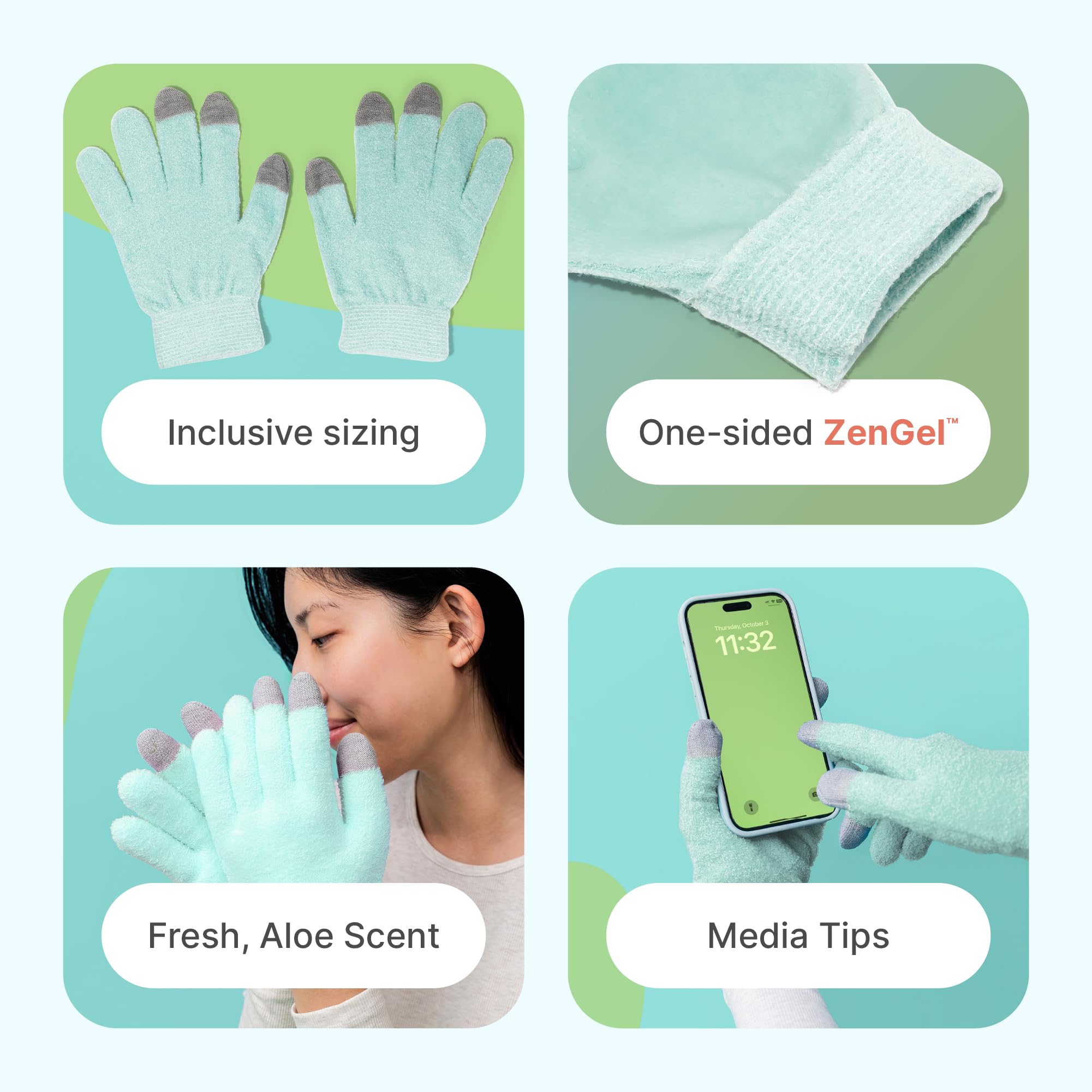 Hands wearing ZenToes moisturizing gloves using a smartphone