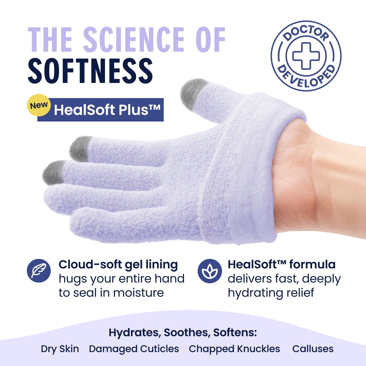 Close up of HealSoft Plus gel lining inside moisturizing gloves