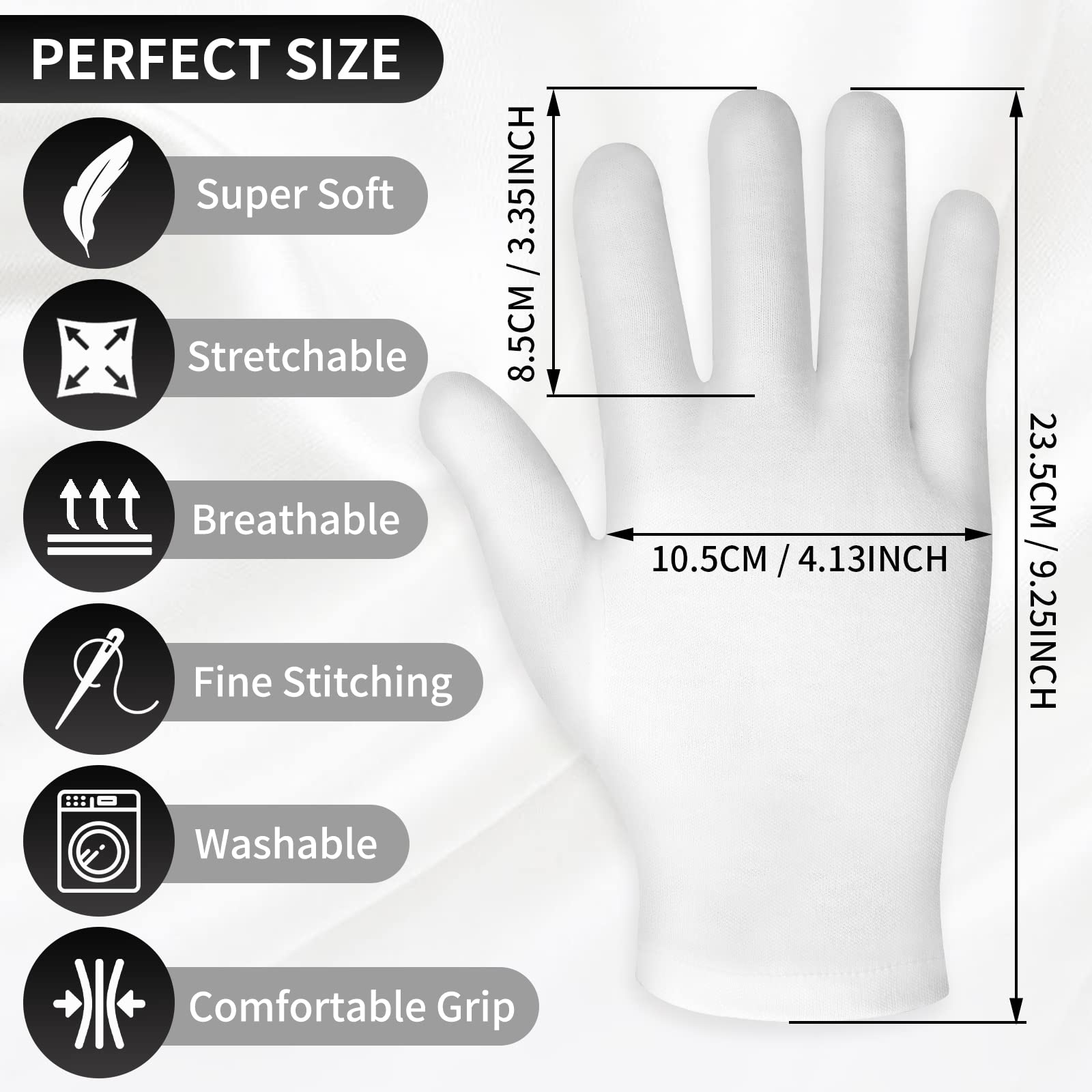 Close up of Sibba white cotton gloves with touch screen tips