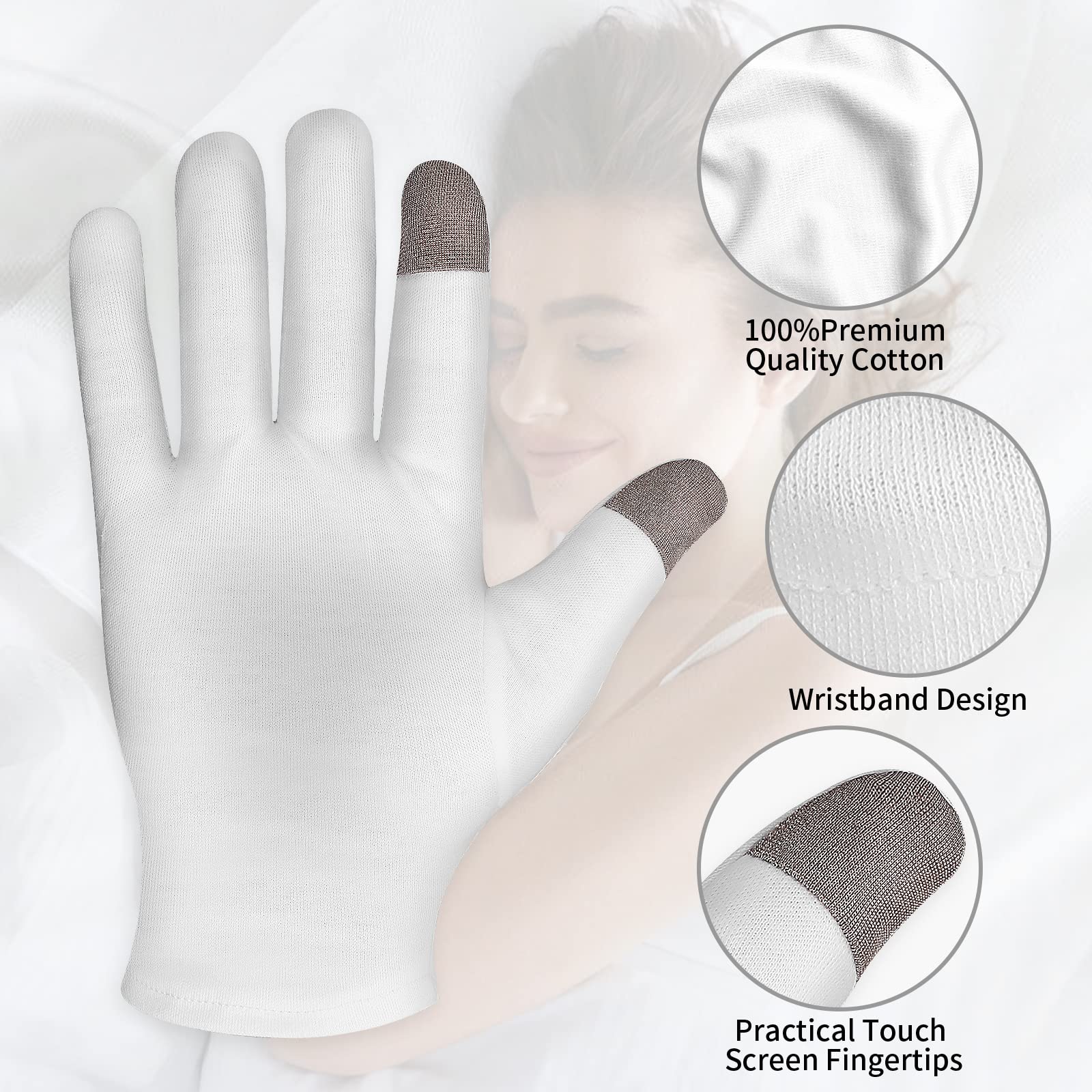 Sibba moisturizing gloves worn on hands showing elastic wrist band