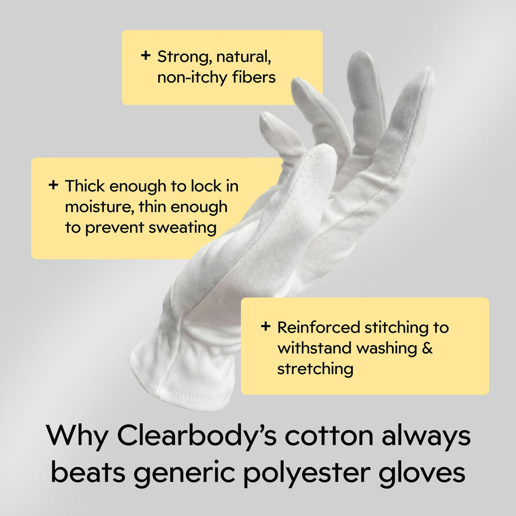 Clearbody Organics cotton gloves worn on hands for moisturizing