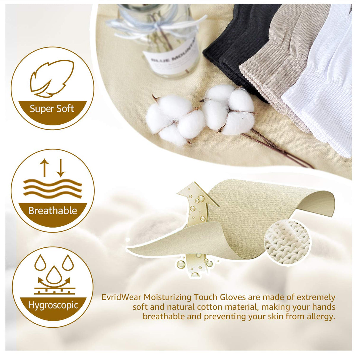 Evridwear breathable cotton gloves worn on hands