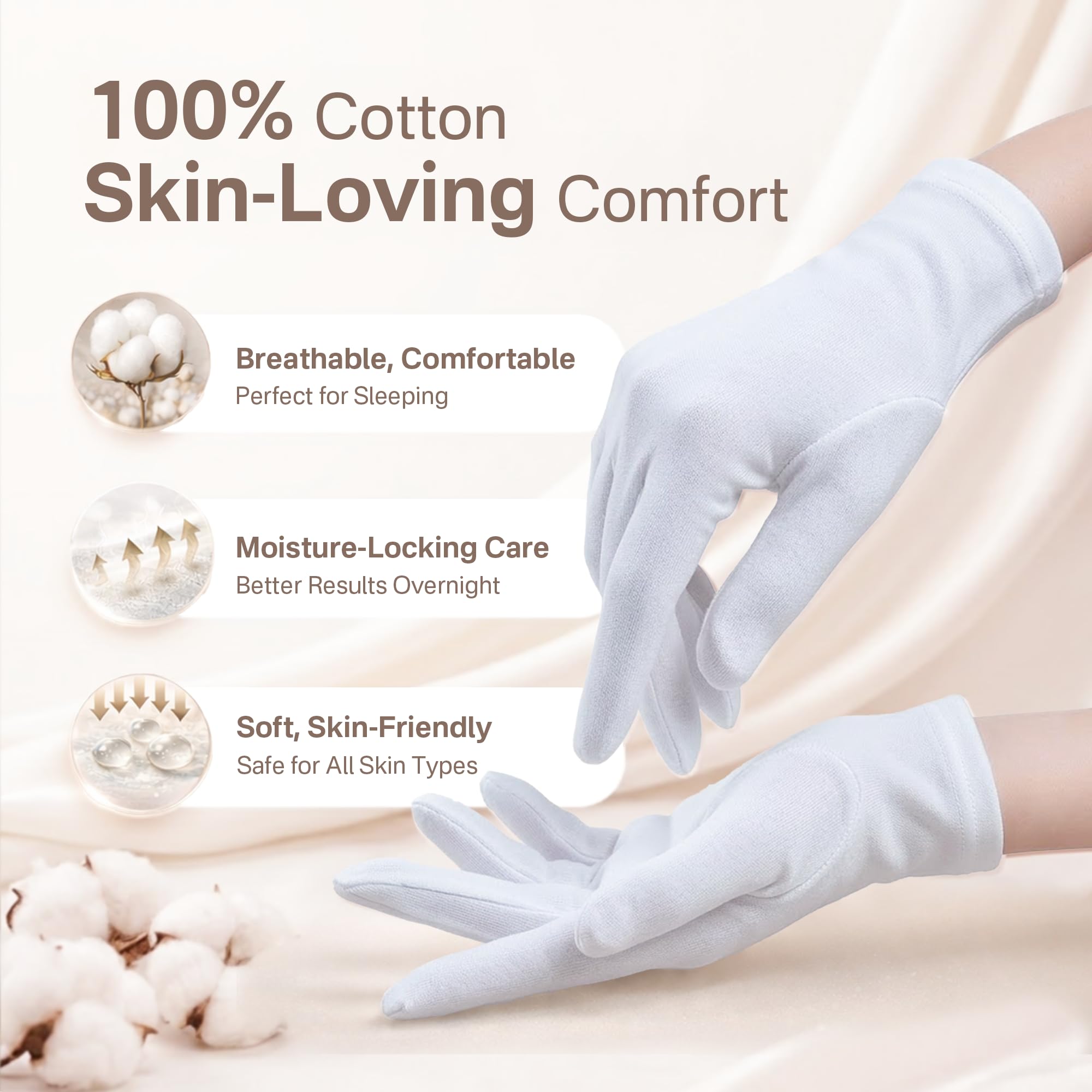 Woman wearing white breathable cotton moisturizing gloves for night