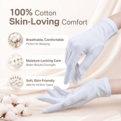 Woman wearing white breathable cotton moisturizing gloves for night