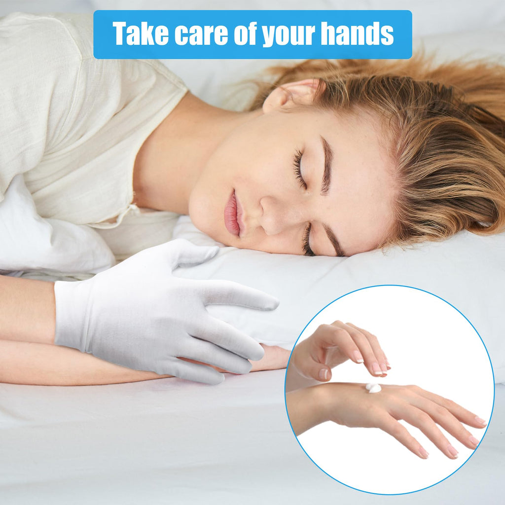 FourSeas white moisturizing gloves worn on hands