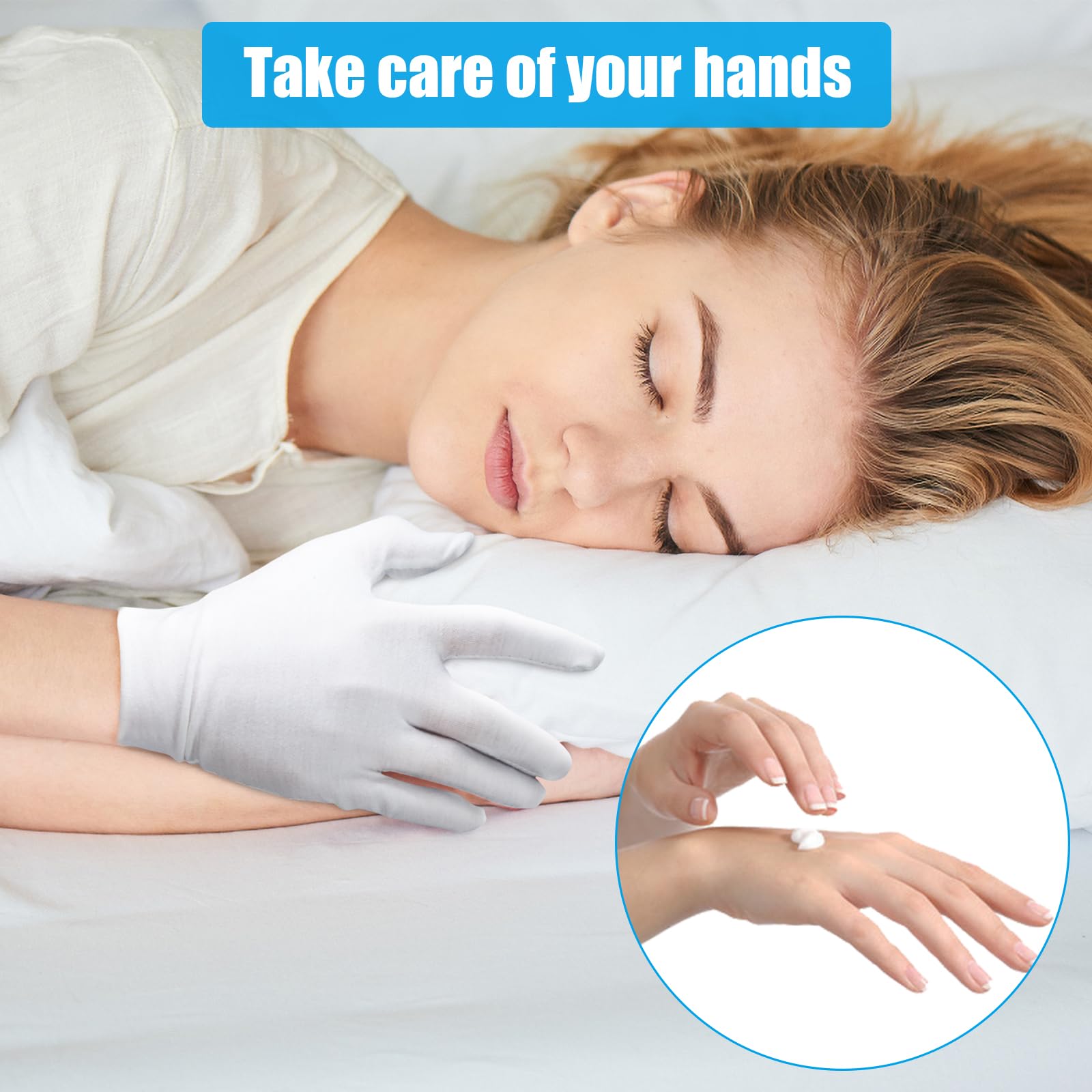 Person wearing white cotton moisturizing gloves