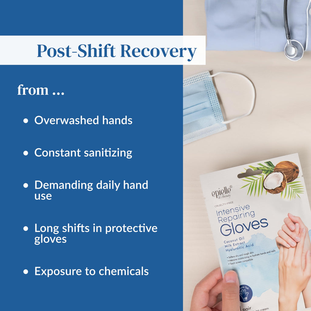 Open packet displaying pre-filled hand treatment gloves