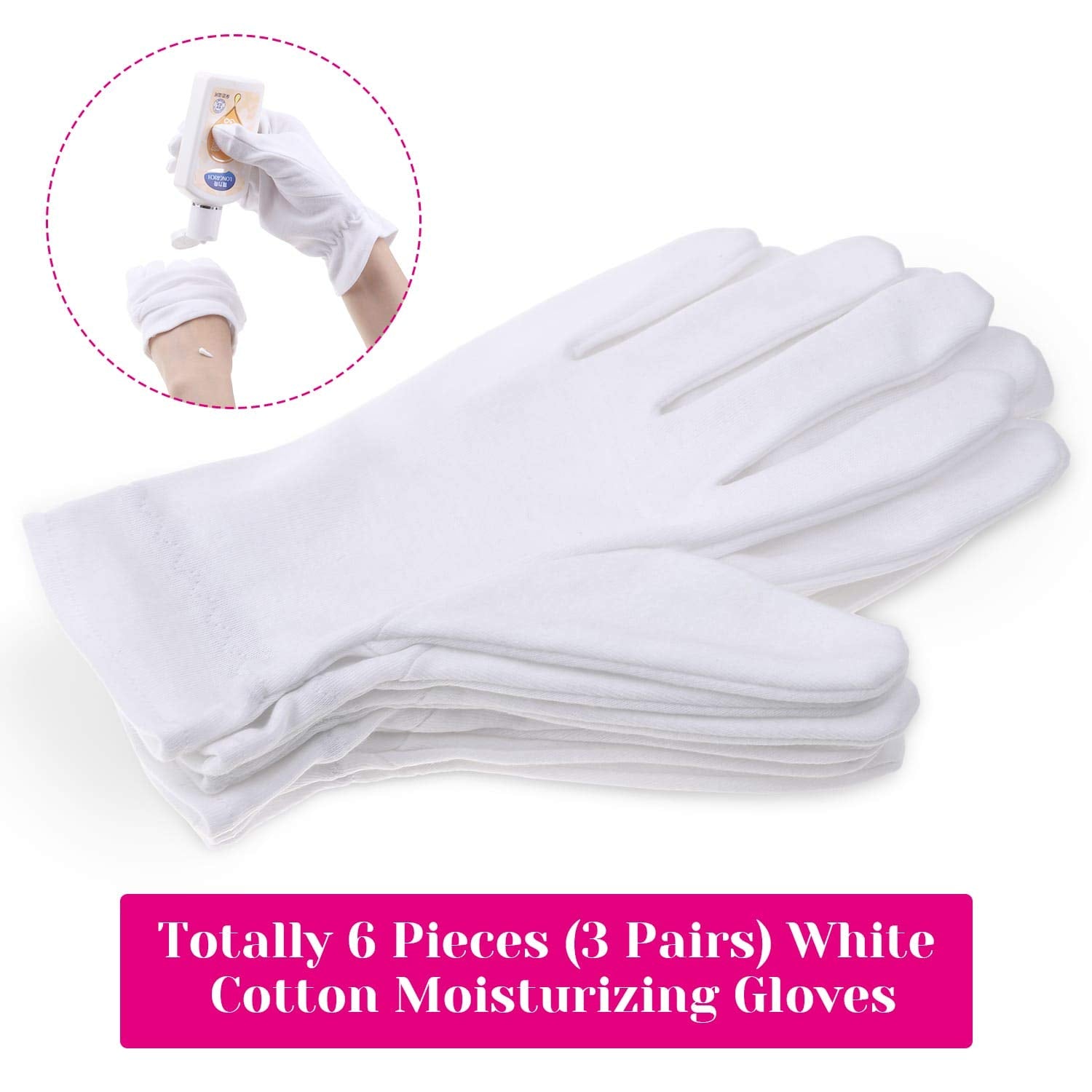 Three pairs of white cotton spa gloves for overnight hand hydration.