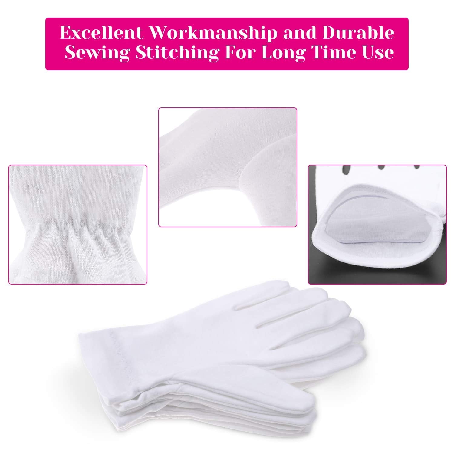 Person wearing white cotton gloves for dry hand skin therapy.