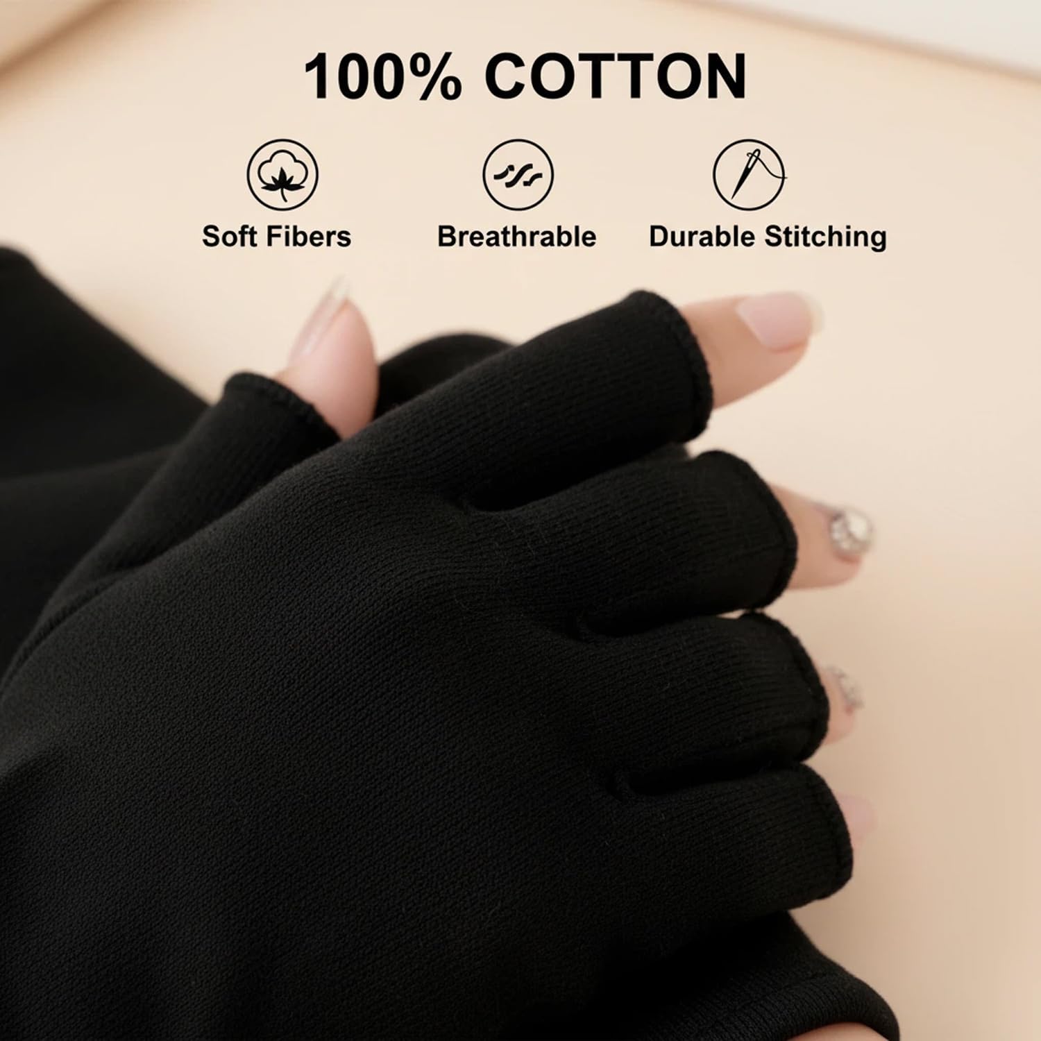 Using smartphone while wearing fingerless cotton beauty gloves