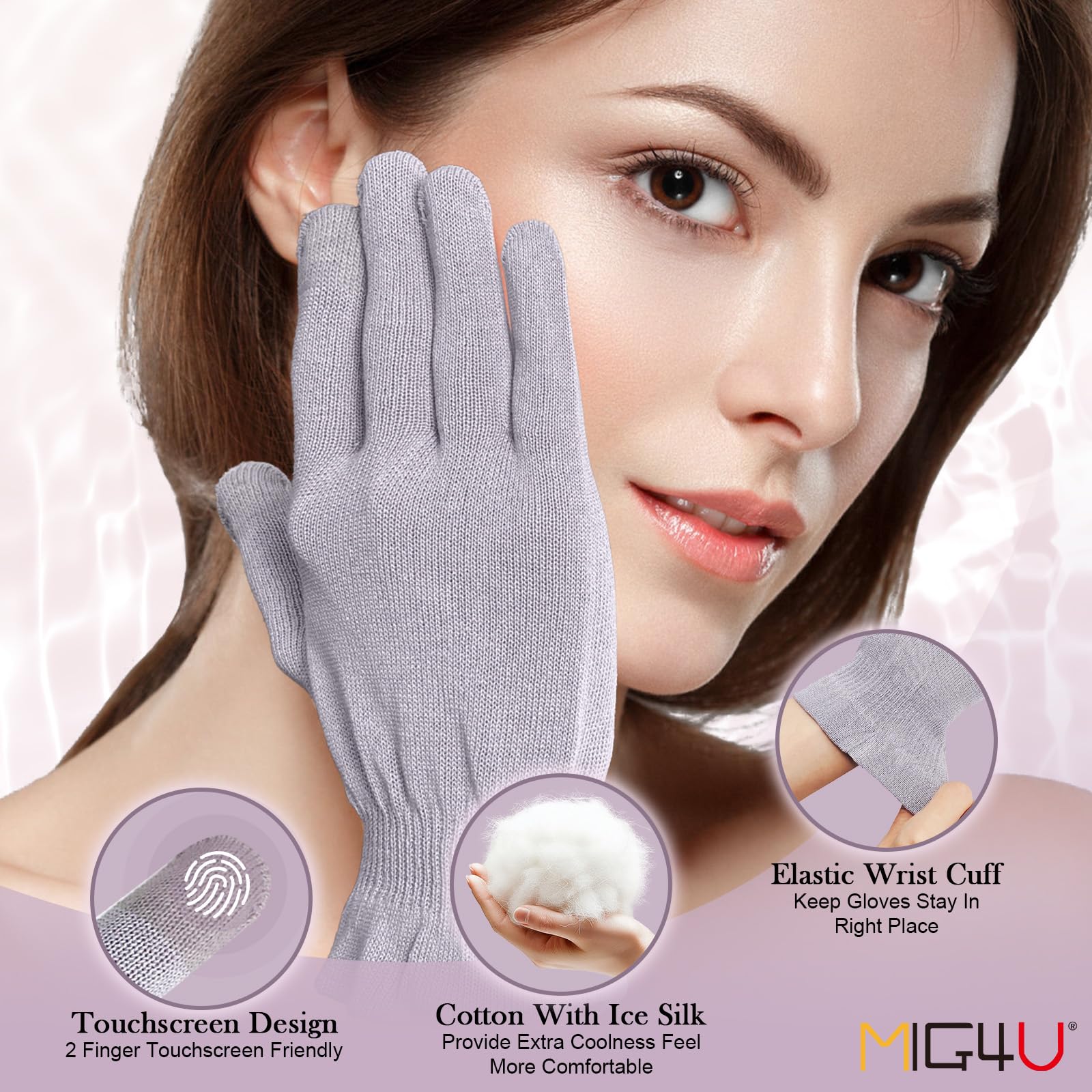 Grey purple cotton moisturizing gloves with touchscreen compatible fingertips.