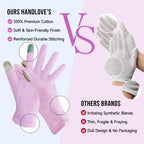 Person wearing HandLove moisturizing gloves while typing on a smartphone