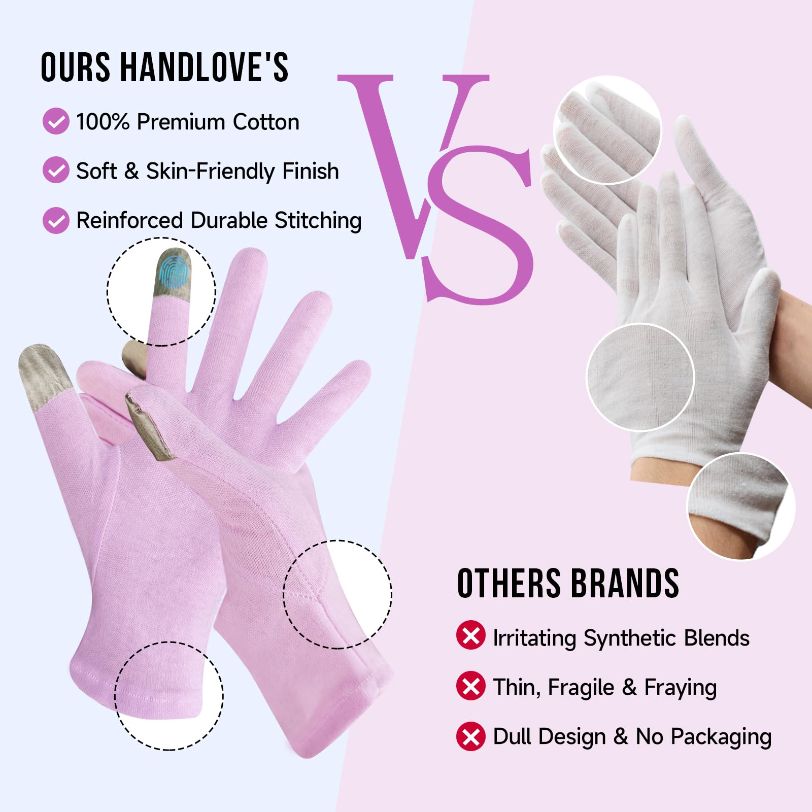 Model wearing HandLove moisturizing gloves using a smartphone