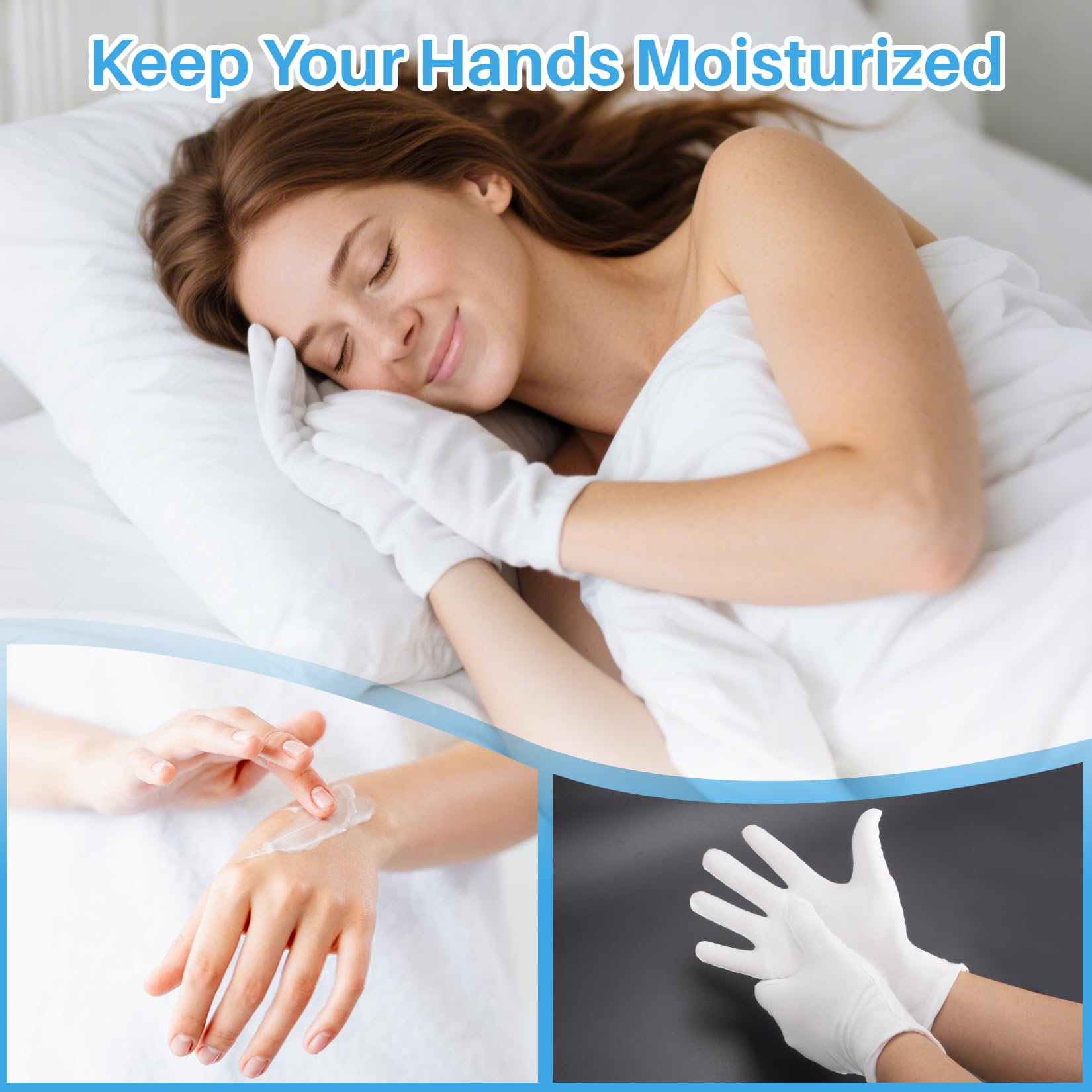 Woman wearing Maqihan soft cotton gloves for moisturizing dry hands