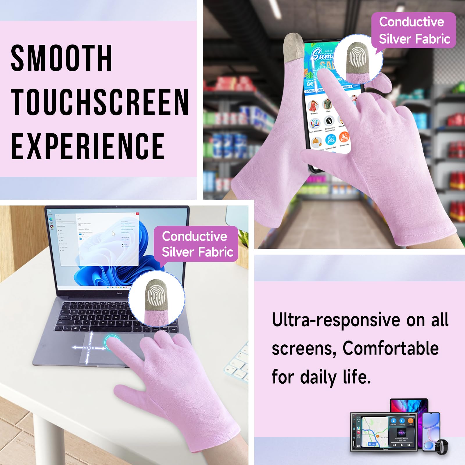 Detailed view of conductive touchscreen fabric on HandLove gloves