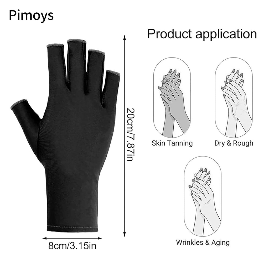 Pimoys black fingerless sun protection gloves laid flat