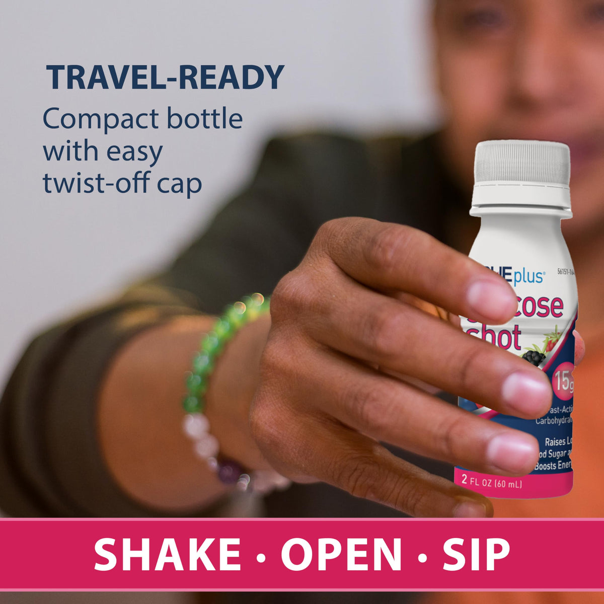 Easy open cap of TRUEplus glucose shot for quick hypoglycemia management.