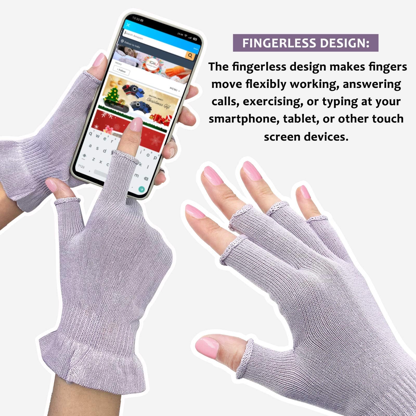 Three pairs of Mig4u moisturizing beauty gloves in pale purple