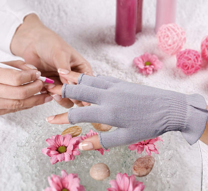 Model wearing Mig4u fingerless moisturizing gloves using a smartphone
