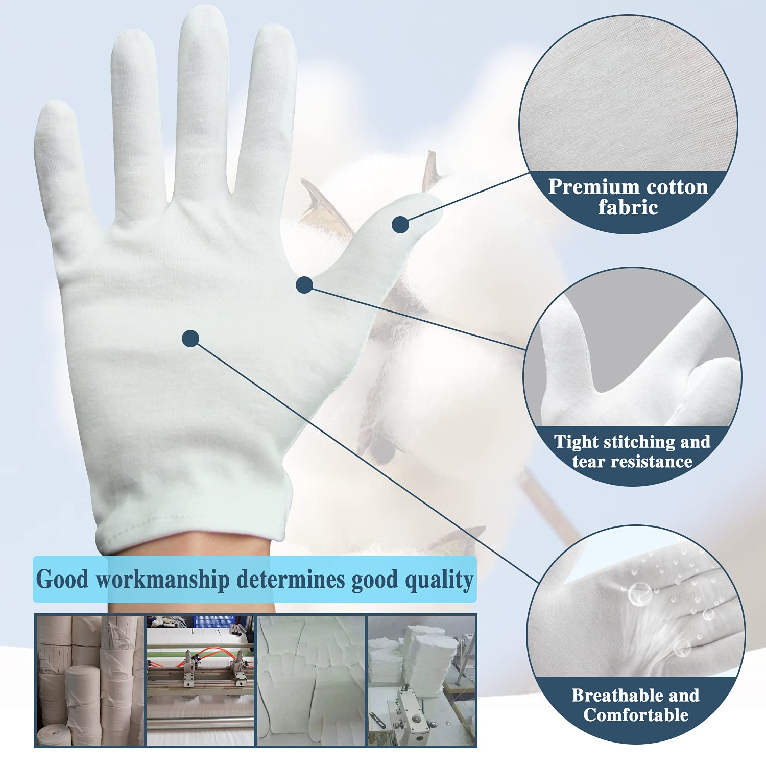 Soft 100% cotton gloves for overnight moisturizing