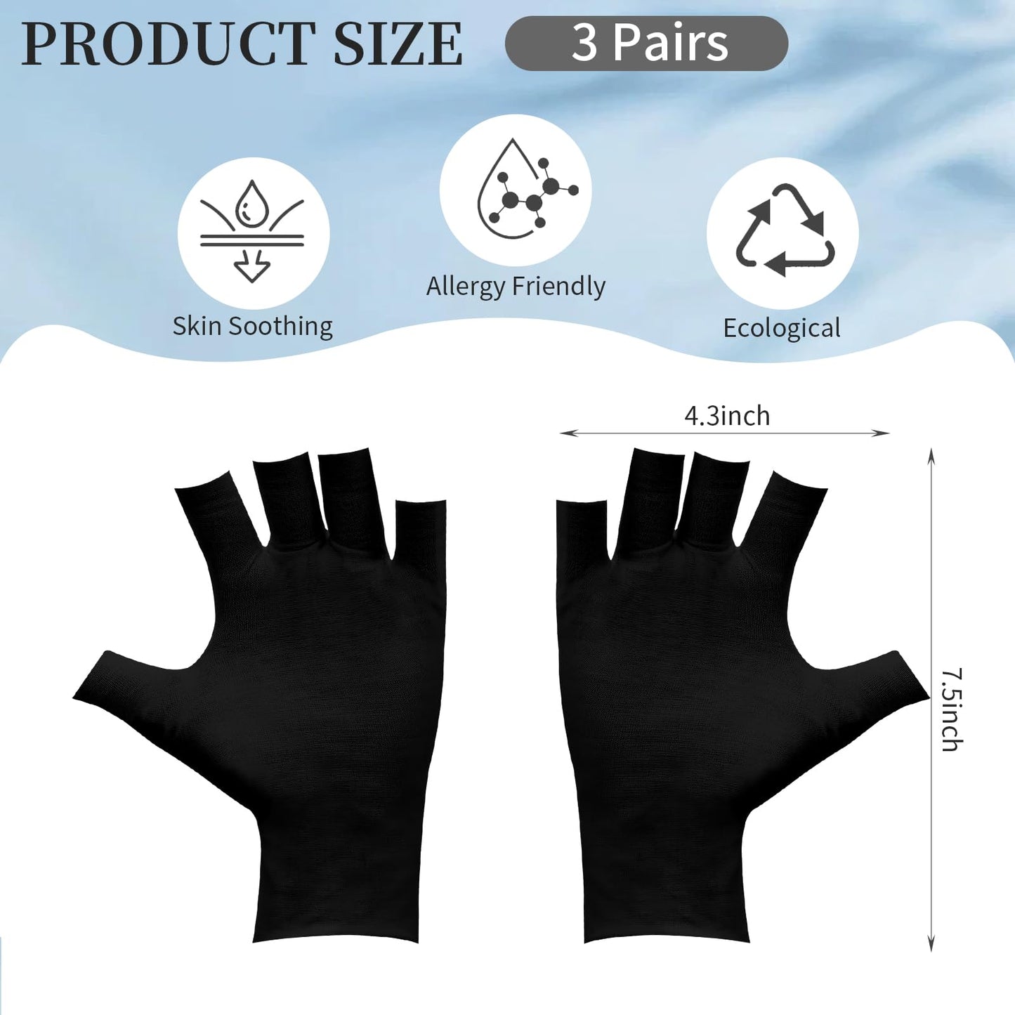 Three pairs of black fingerless cotton gloves for dry hands