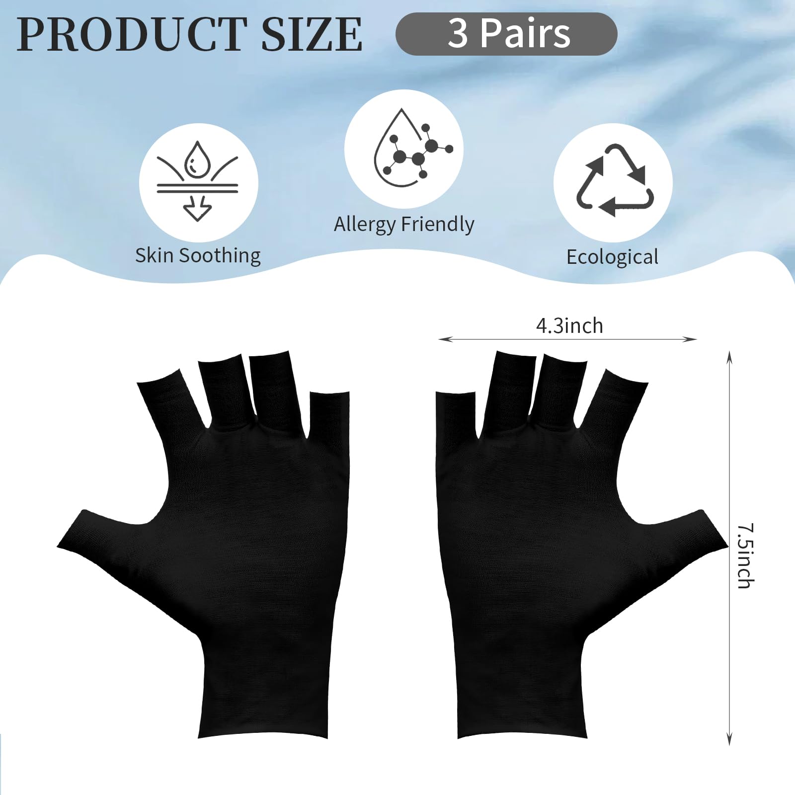 Three pairs of black fingerless cotton gloves for dry hands