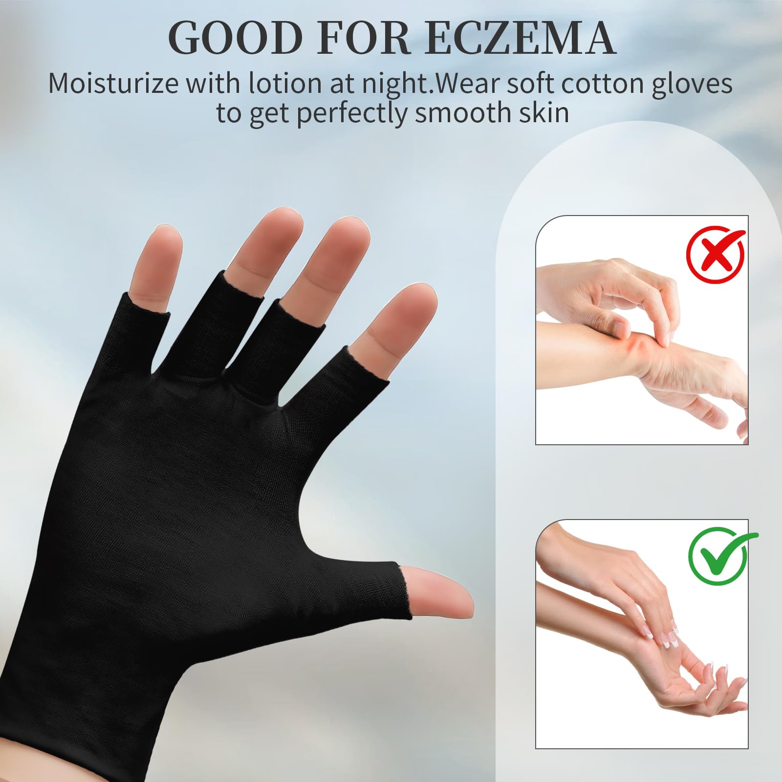 Person wearing black cotton eczema gloves showing finger dexterity