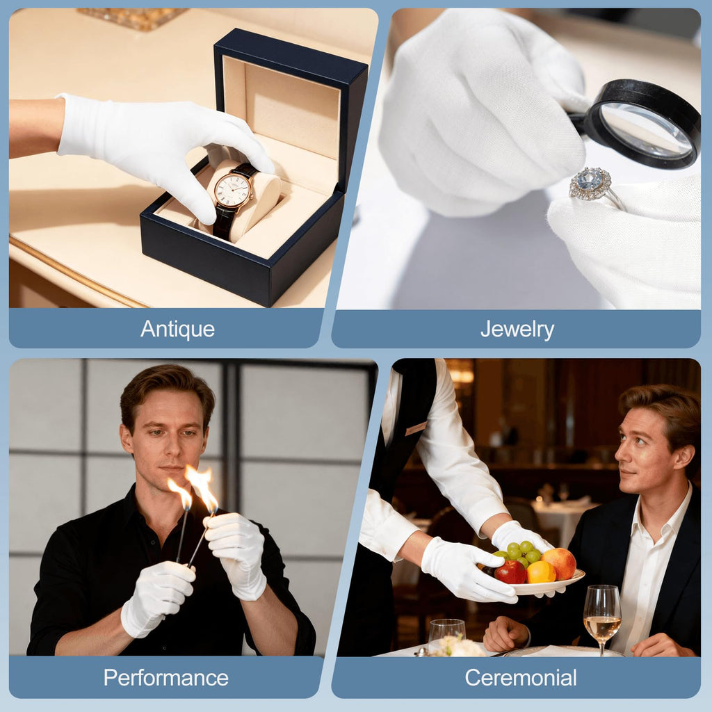 Bulk set of forty two white cotton gloves packaging view