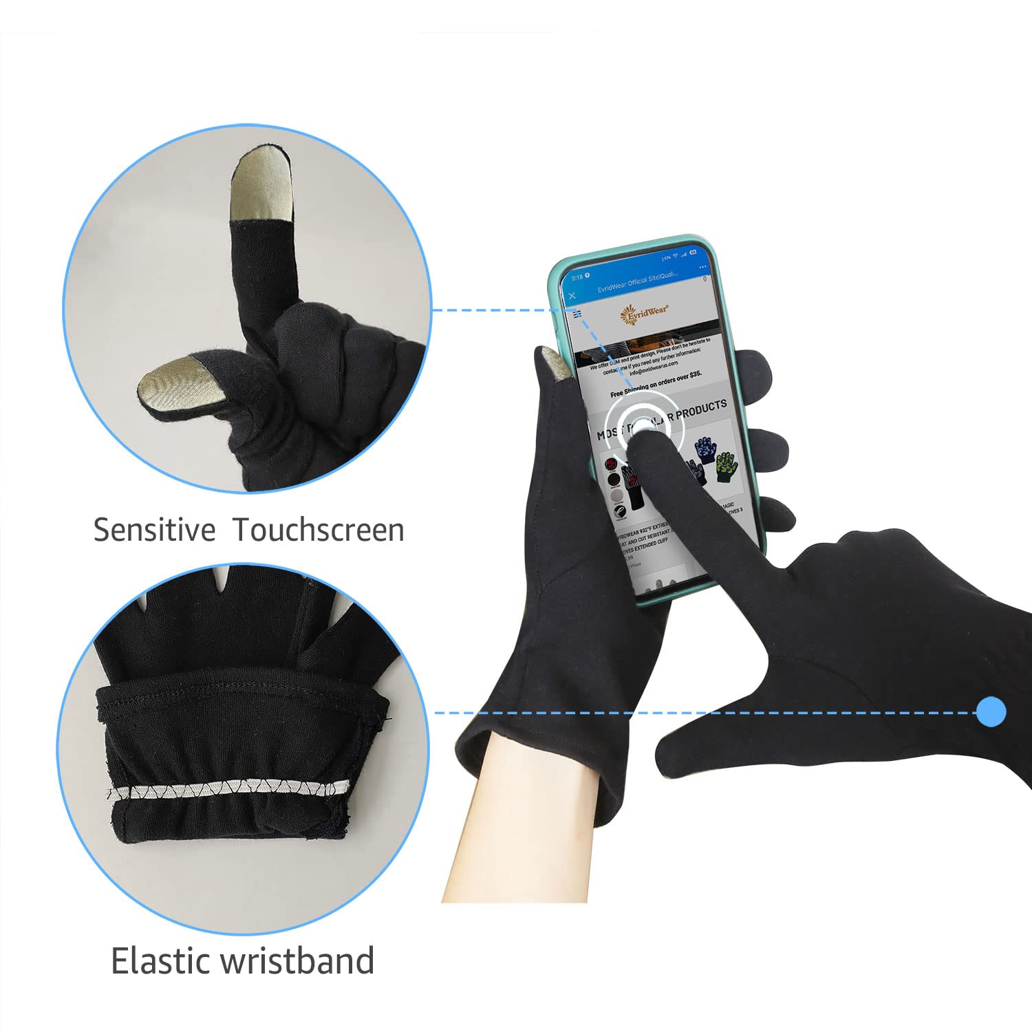 Two pairs of black Evridwear cotton beauty gloves displayed together.