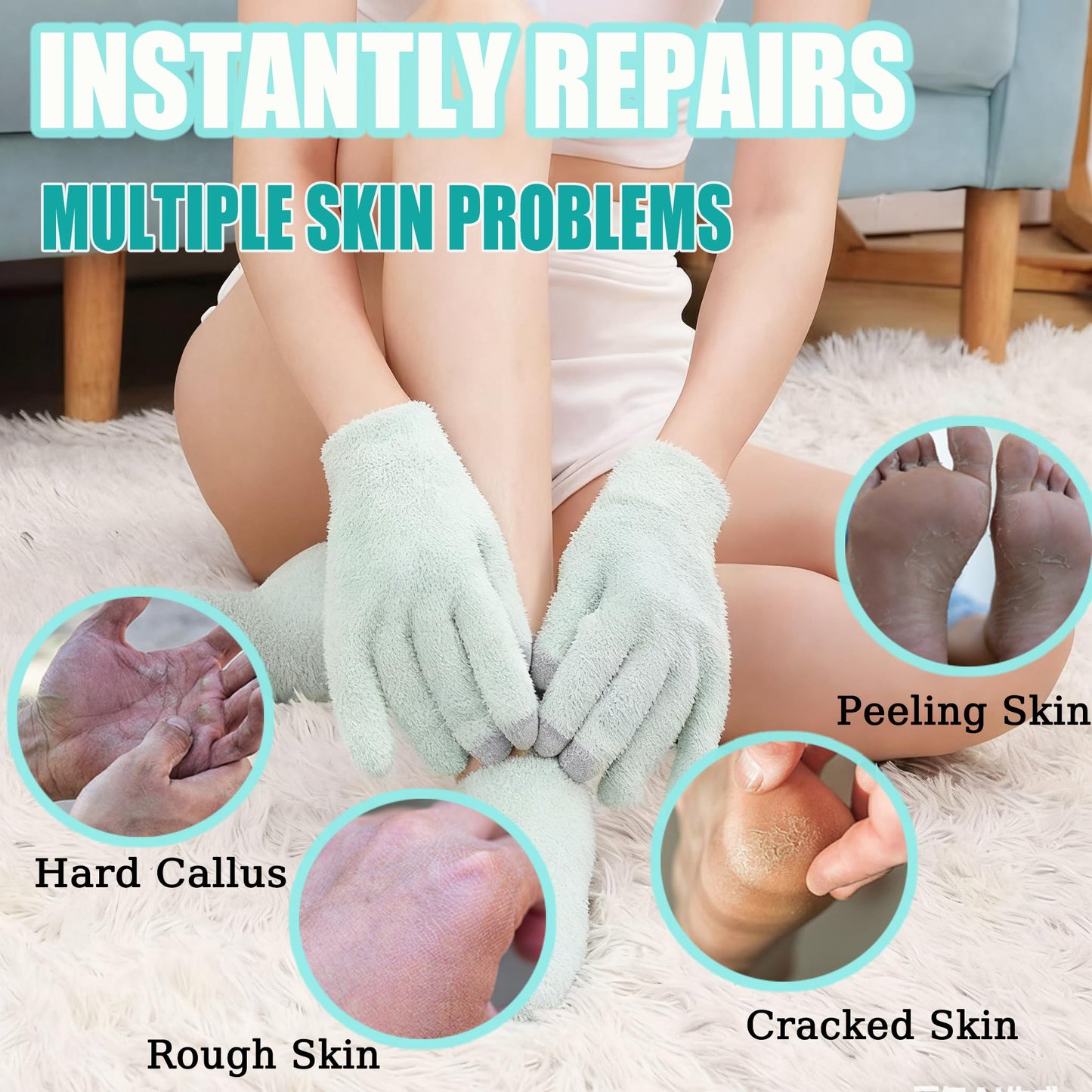 Model wearing purple canyon moisturizing gel gloves and socks