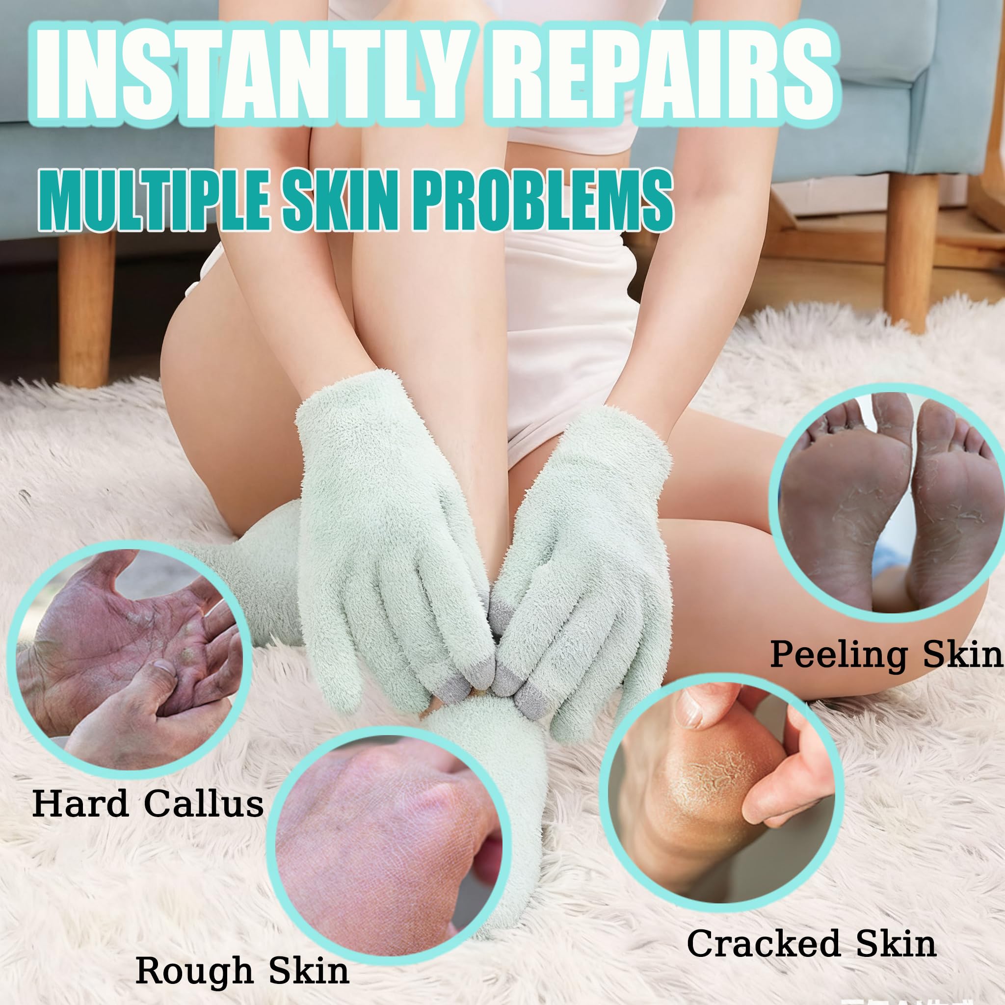 Model wearing purple canyon moisturizing gel gloves and socks