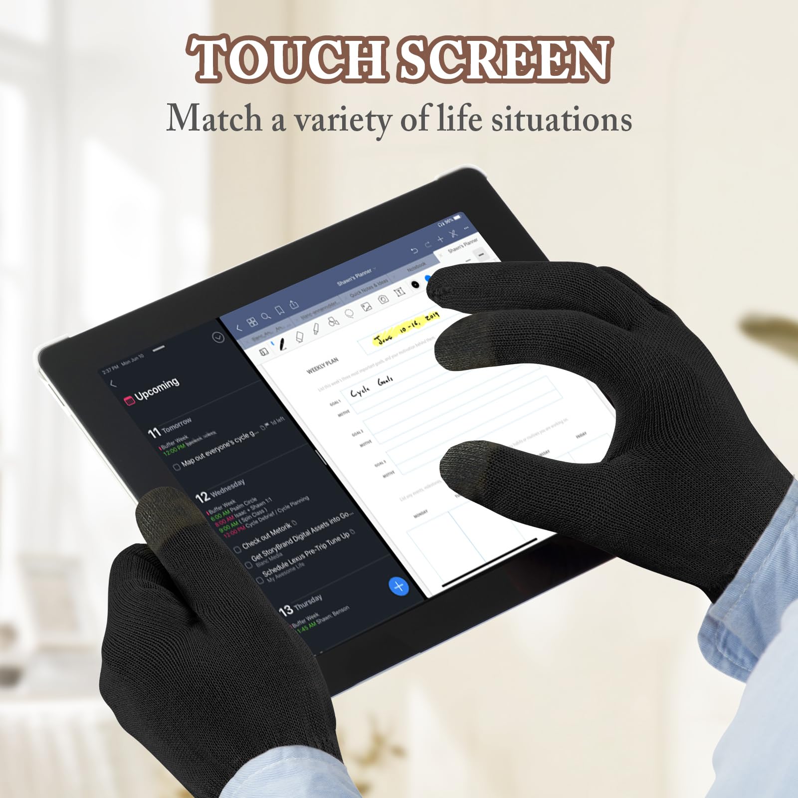 Black moisturizing gloves showing touchscreen compatible fingertips