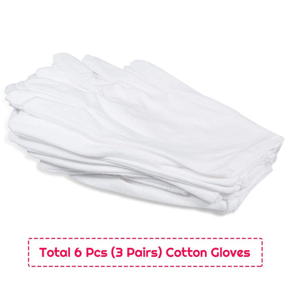 Person wearing white cotton gloves for moisturizing hands