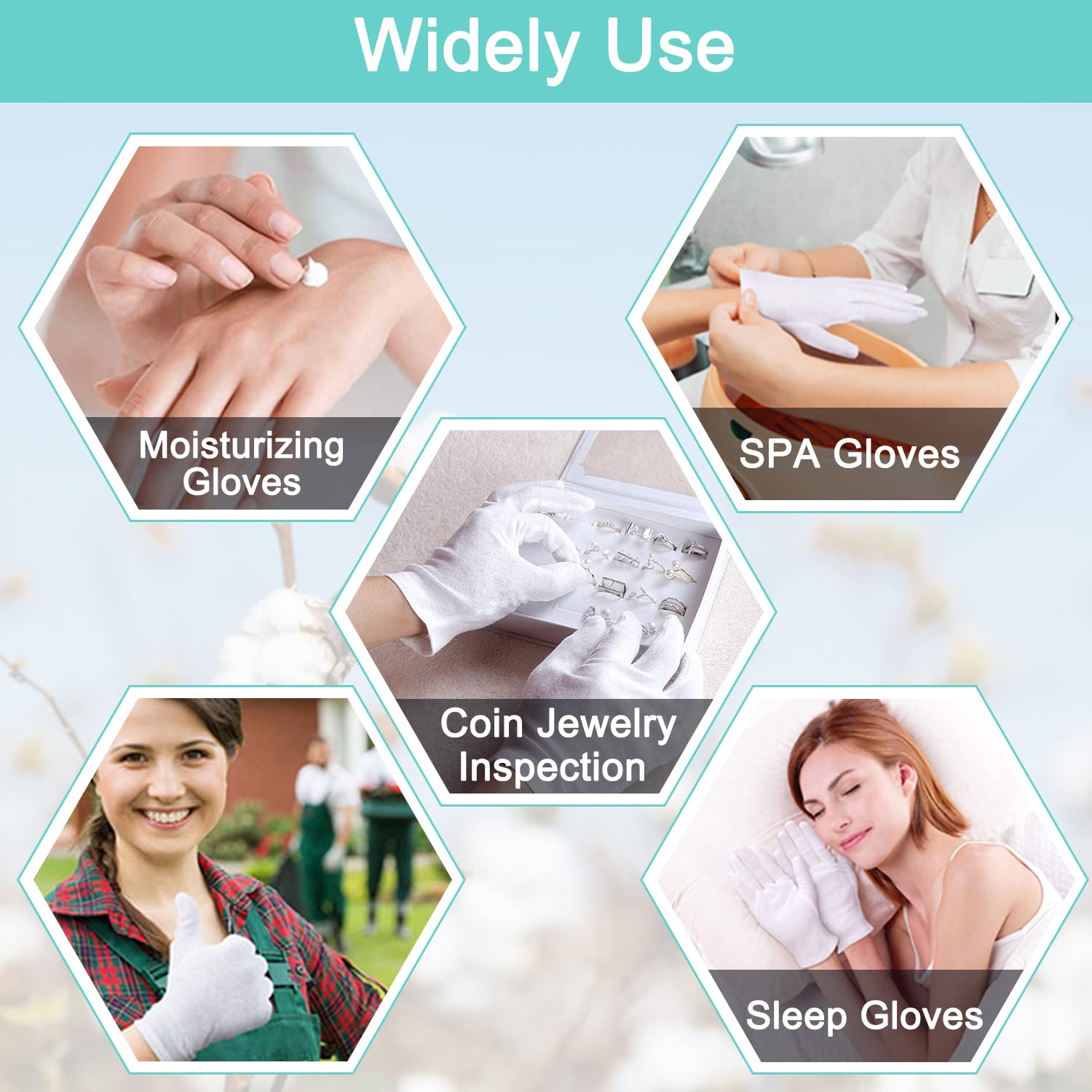 Set of 24 soft white cotton gloves in retail packaging