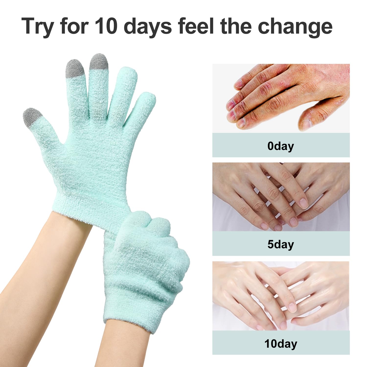 Green moisturizing gloves showing touchscreen fingertip detail