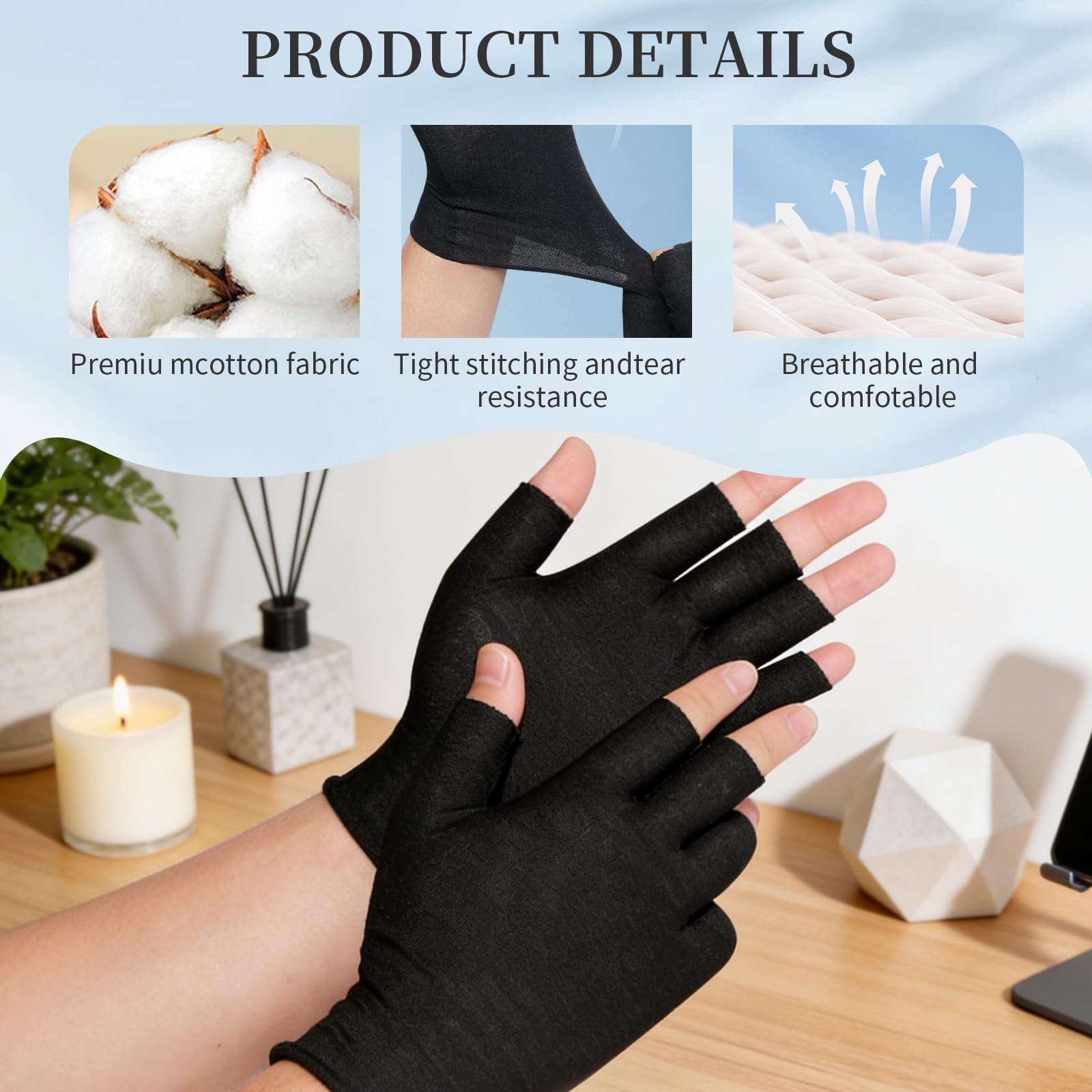 Person wearing fingerless cotton gloves using a smartphone