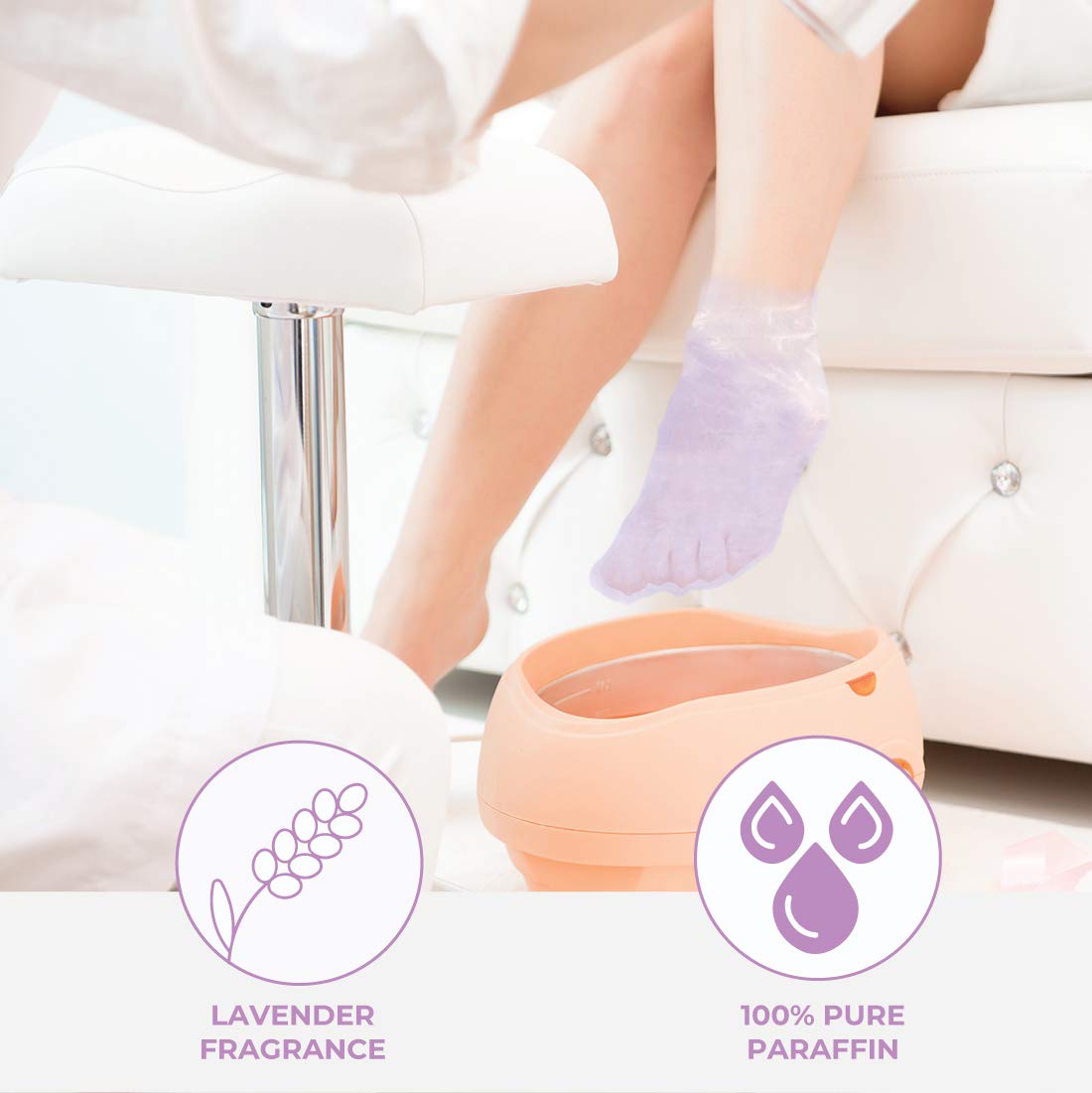 Model wearing heated paraffin booties for therapeutic foot hydration and muscle relief.