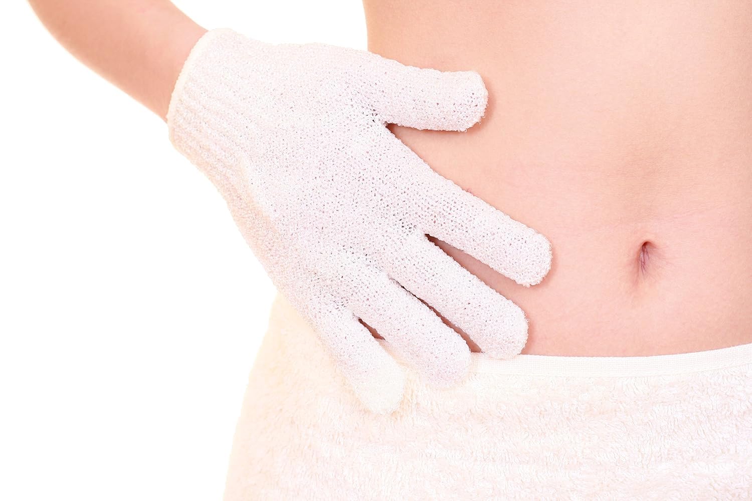 Person using Beauty By Earth exfoliating gloves in shower