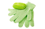 Pair of purple exfoliating gloves displayed flat for body care