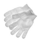 Full set of four exfoliating bath gloves arranged together