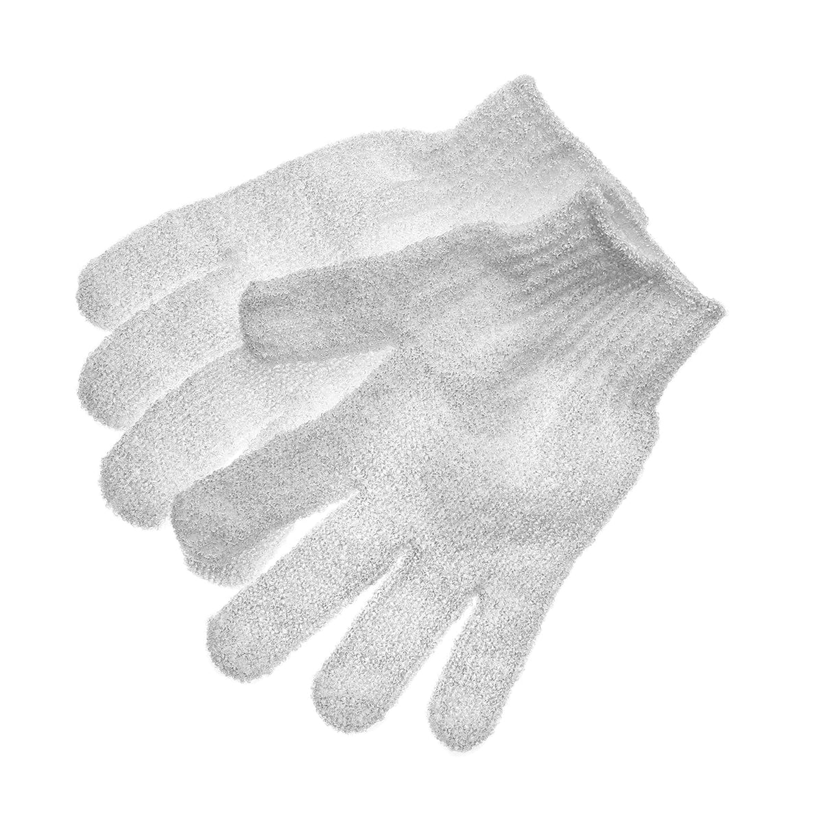 Full set of four exfoliating bath gloves arranged together