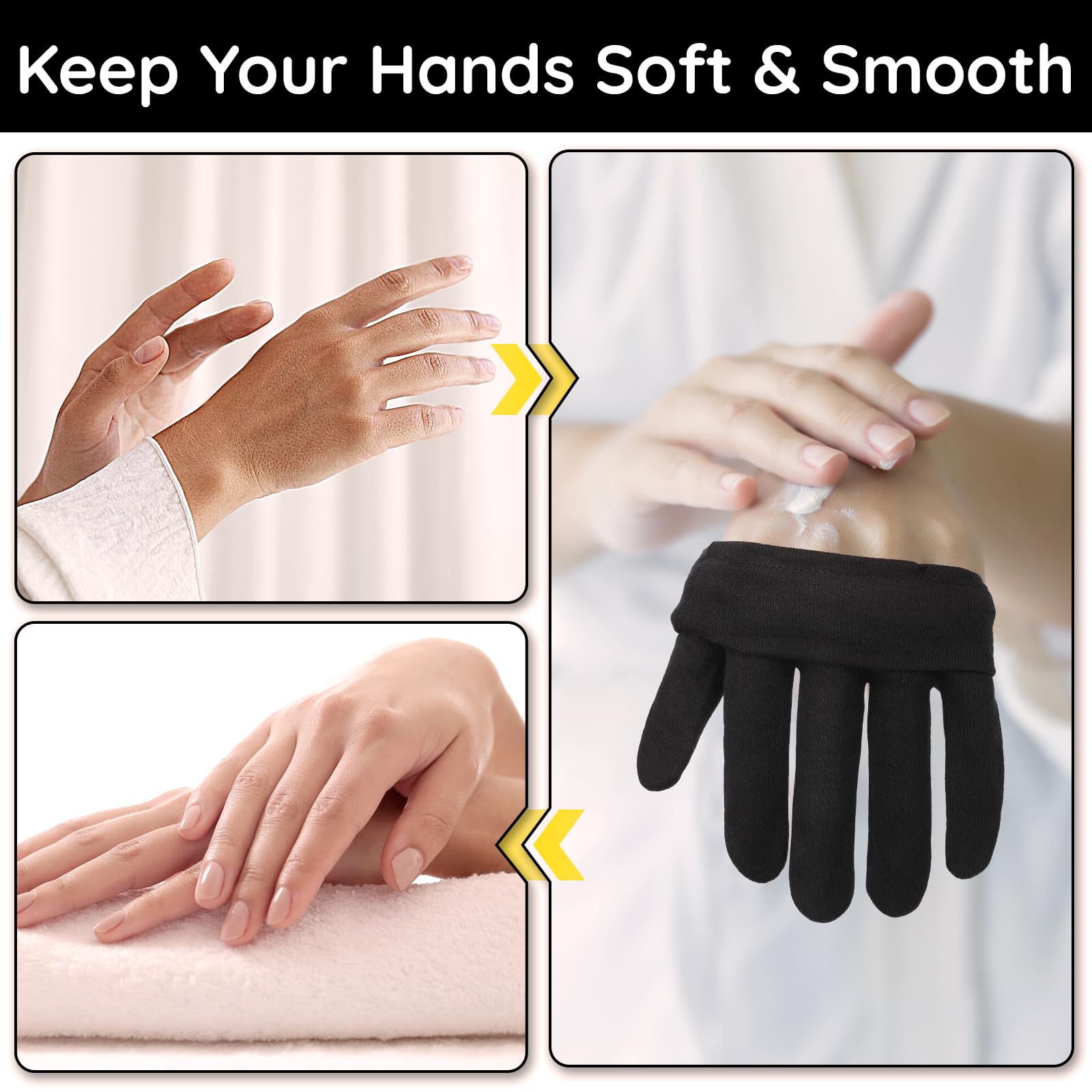 Person wearing black moisturizing gloves for dry skin