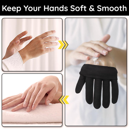 Person wearing black moisturizing gloves for dry skin