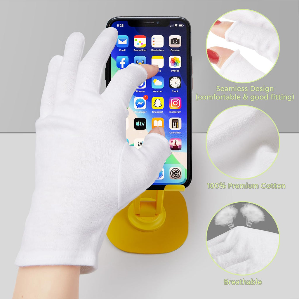 White touchscreen compatible spa treatment gloves laid flat