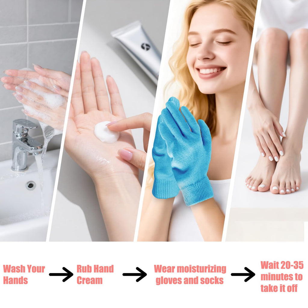 Flat lay display of both the moisturizing gloves and foot spa socks together.