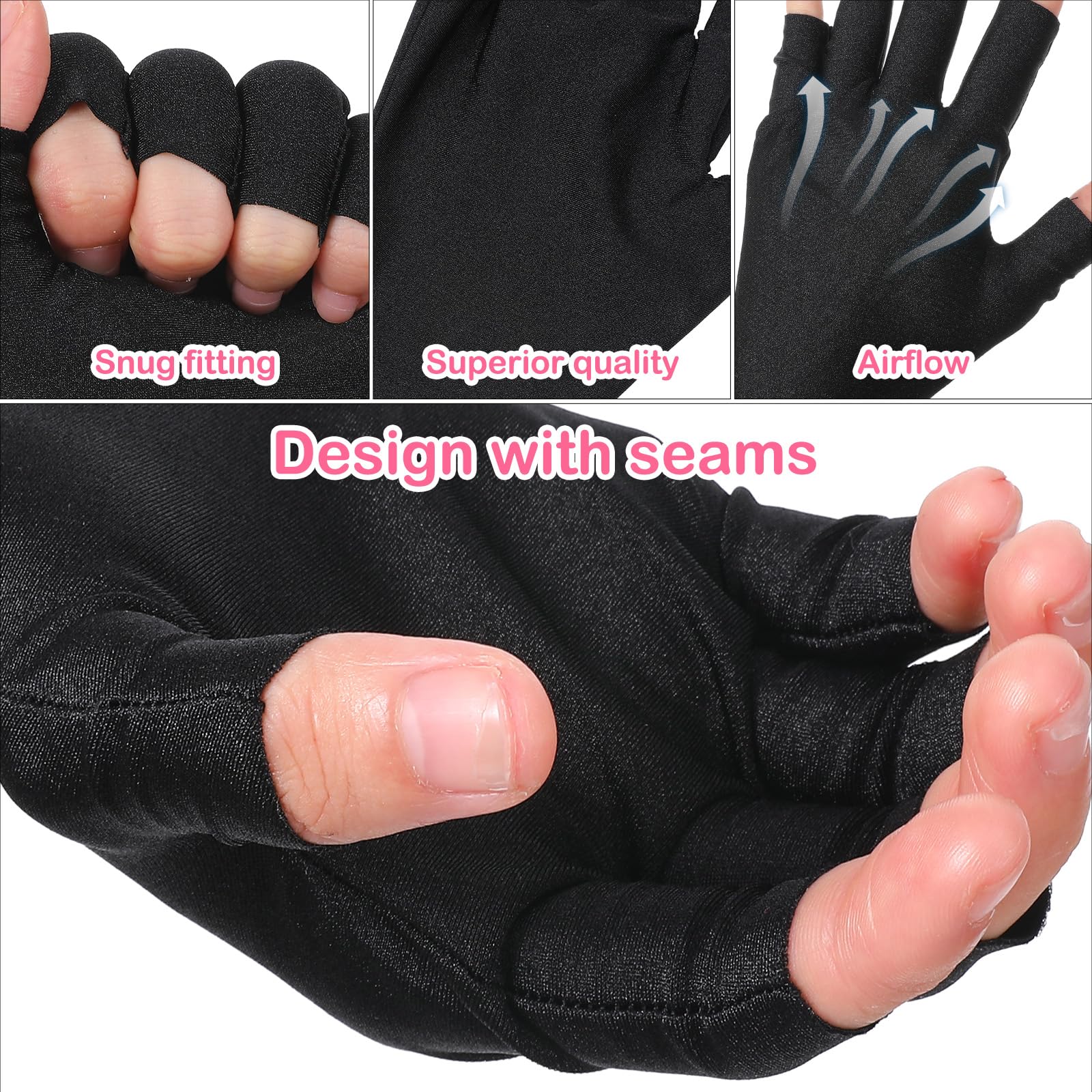 Black and pink UV shield gloves for gel nail lamps