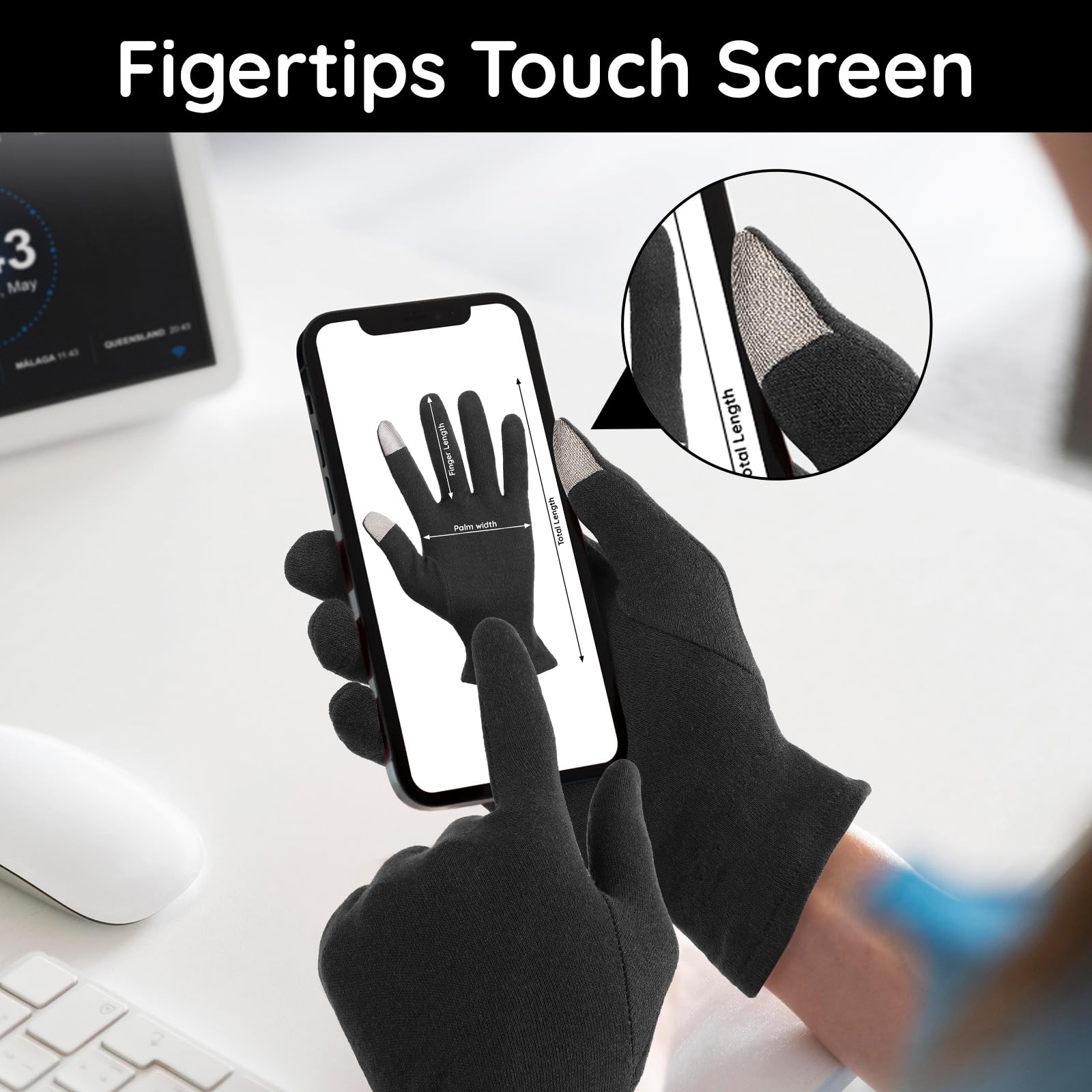 Close up of Segbeauty touchscreen glove fingertips with conductive material