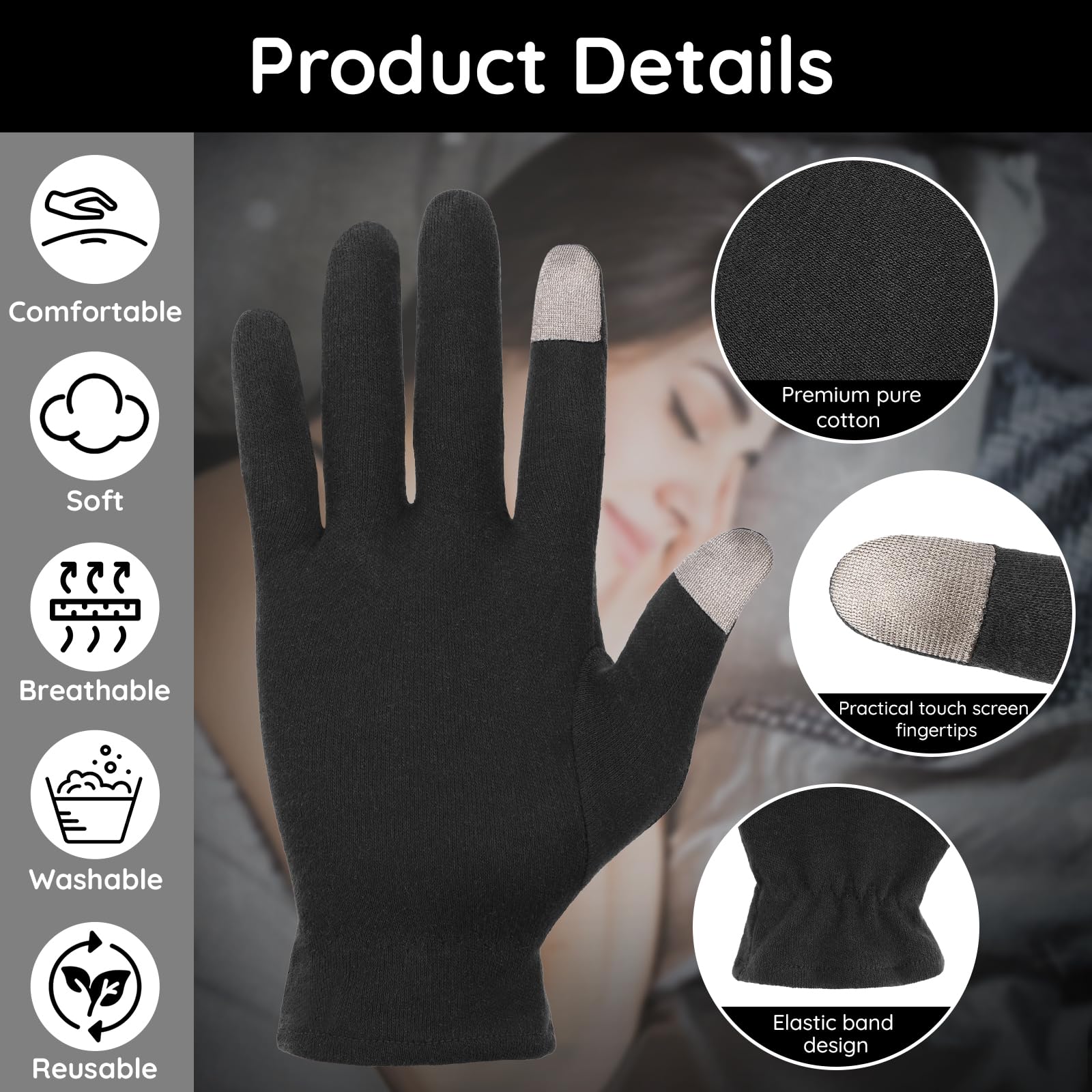 Person wearing black cotton spa gloves holding a smartphone