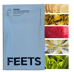 Model wearing FEETS foot mask booties for home spa treatment